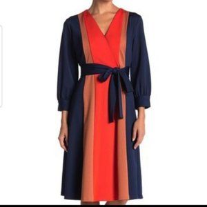 Navy Orange Color Block Midi Work Dress